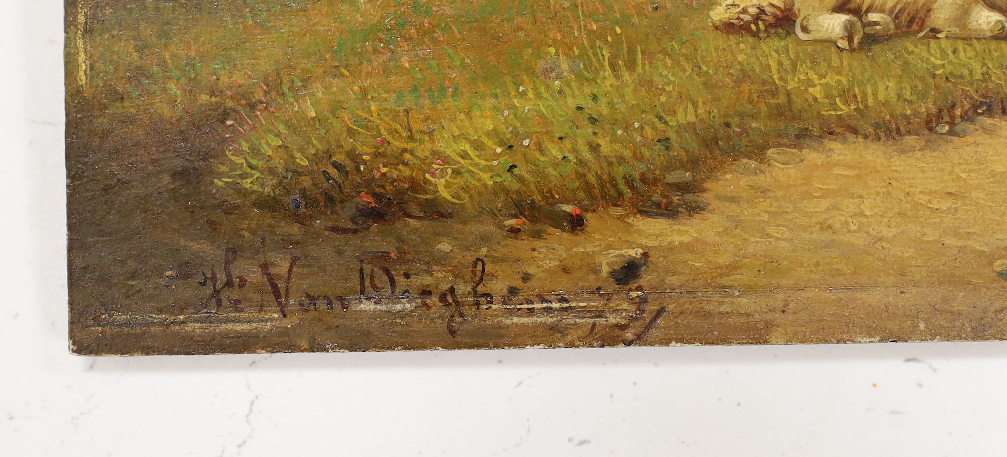 J.B. van Diegh (19th C. Dutch), oil on panel, Grazing sheep, signed, various inscriptions verso, unframed, 17 x 24cm
